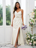 A-Line/Princess Stretch Crepe Ruched V-neck Sleeveless Floor-Length Bridesmaid Dresses Evening Dress