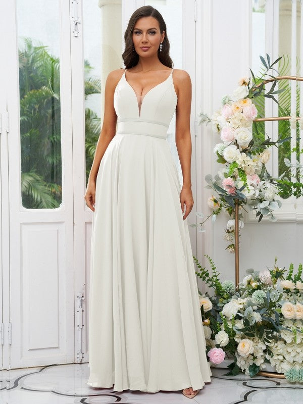 A-Line/Princess Chiffon Ruffles V-neck Sleeveless Floor-Length Bridesmaid Dresses Evening Prom Dress