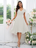 Vestido de dama de honor asimétrico de corte A/princesa, de gasa, con volantes, escote en V y mangas cortas, ideal para invitadas de boda y graduación.