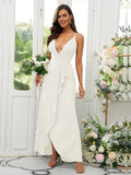 A-Line/Princess Silk like Satin Ruffles V-neck Sleeveless Floor-Length Bridesmaid Dresses Prom Dress