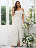 A-Line/Princess Chiffon Ruched V-neck Short Sleeves Floor-Length Bridesmaid Dresses Evening Dress