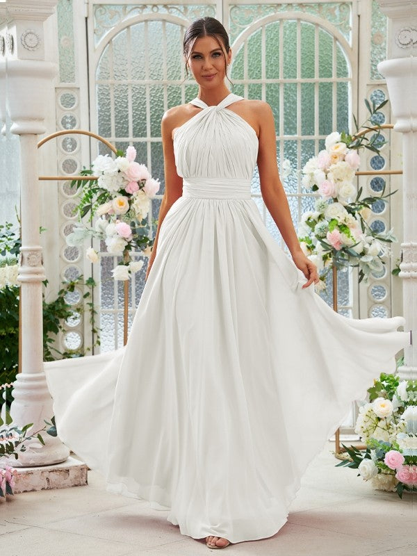 A-Linie/Princess-Linie Chiffon Rüschen Neckholder Ärmellos Bodenlang Brautjungfernkleider Abendkleid