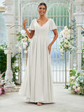 A-Line/Princess Chiffon Ruffles V-neck Short Sleeves Floor-Length Bridesmaid Dresses Evening Prom Dress