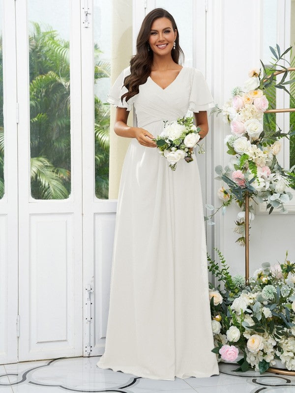 A-Line/Princess Chiffon Ruffles V-neck Short Sleeves Floor-Length Bridesmaid Dresses Evening Dress