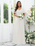 A-Line/Princess Chiffon Ruffles V-neck Short Sleeves Floor-Length Bridesmaid Dresses Evening Dress