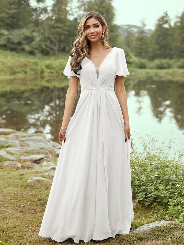 A-Line/Princess Chiffon Ruffles V-neck Short Sleeves Floor-Length Bridesmaid Dresses Evening Prom Dress