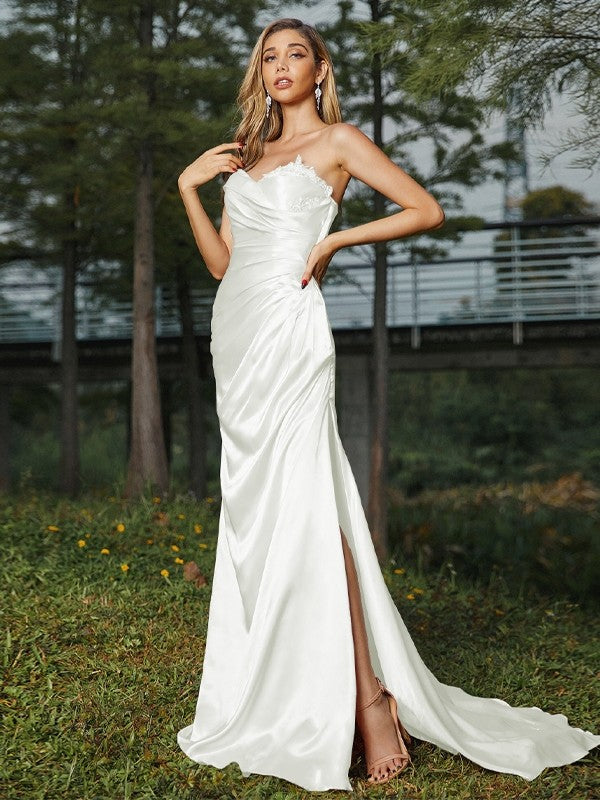 Sheath/Column Silk like Satin Ruched Sweetheart Sleeveless Sweep/Brush Train Bridesmaid Dresses Evening Dress