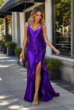 Purple Spaghetti Straps Mermaid Satin Long Prom Dresses With Bow