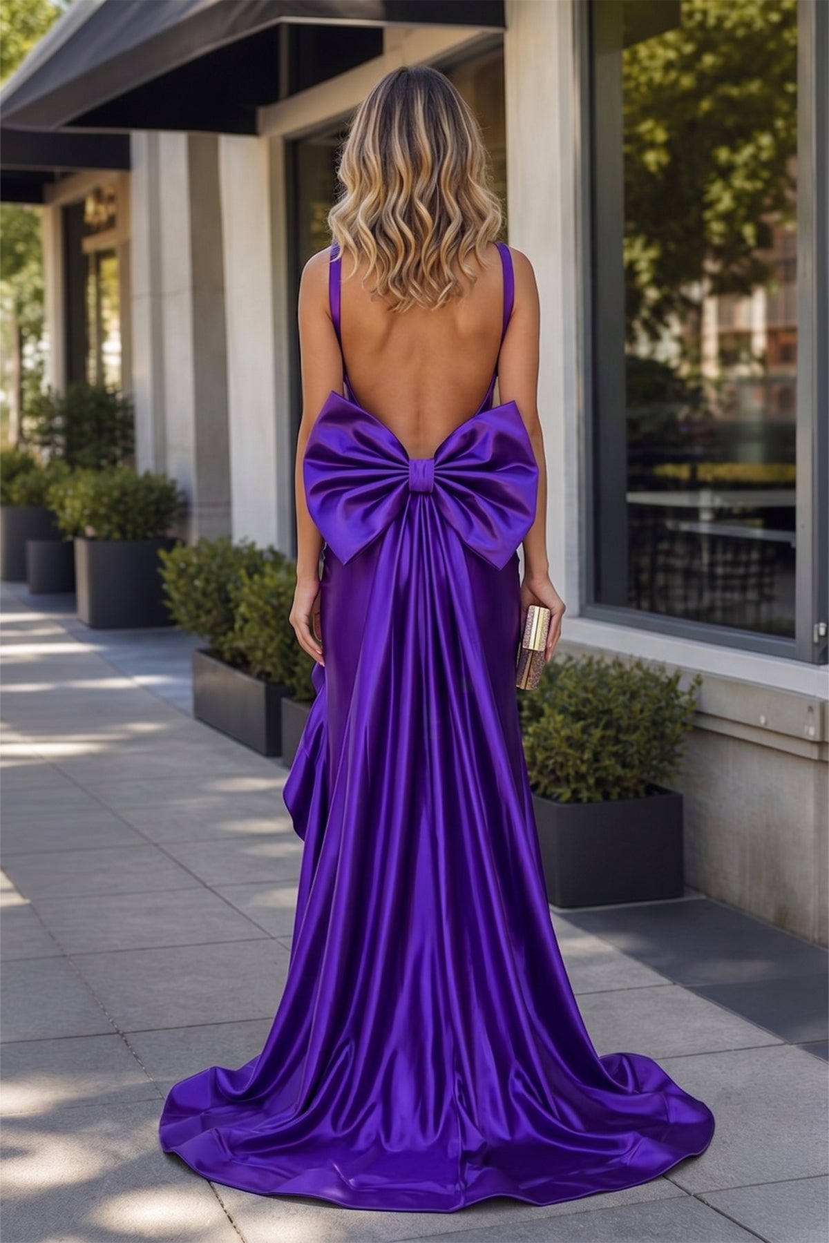 Purple Spaghetti Straps Mermaid Satin Long Prom Dresses With Bow