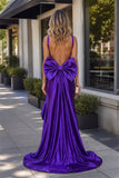 Purple Spaghetti Straps Mermaid Satin Long Prom Dresses With Bow