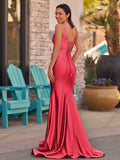 Pink V Neck Satin Mermaid Sleeveless Long Prom Dress