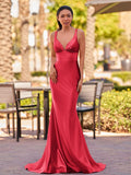 Pink V Neck Satin Mermaid Sleeveless Long Prom Dress