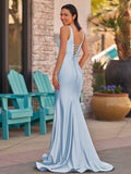 Pink V Neck Satin Mermaid Sleeveless Long Prom Dress