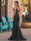 Pink V Neck Satin Mermaid Sleeveless Long Prom Dress