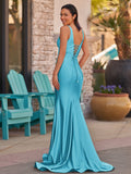 Pink V Neck Satin Mermaid Sleeveless Long Prom Dress