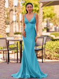 Pink V Neck Satin Mermaid Sleeveless Long Prom Dress
