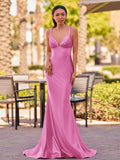 Pink V Neck Satin Mermaid Sleeveless Long Prom Dress