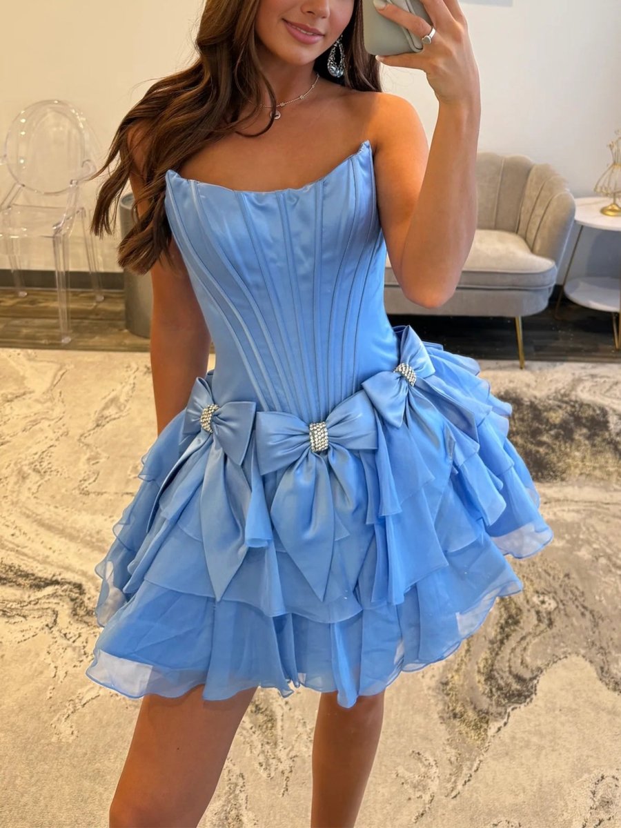 Periwinkle A Line Scoop Neck Ruffles Corset Homecoming Dresses with Bows