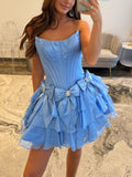 Periwinkle A Line Scoop Neck Ruffles Corset Homecoming Dresses with Bows