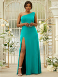 Sheath/Column Jersey Ruffles One-Shoulder Sleeveless Sweep/Brush Train Bridesmaid Dresses Evening Dress