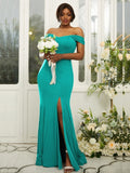 Sheath/Column Jersey Ruffles Off-the-Shoulder Sleeveless Sweep/Brush Train Bridesmaid Dresses Evening Dress