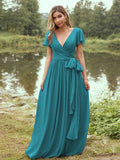 A-Line/Princess Chiffon Ruffles V-neck Short Sleeves Floor-Length Bridesmaid Dresses Evening Prom Dress