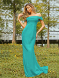 Sheath/Column Jersey Ruched Off-the-Shoulder Sleeveless Sweep/Brush Train Bridesmaid Dresses Evening Dress