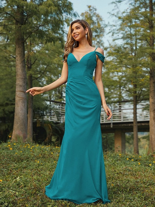Sheath/Column Chiffon Ruched V-neck Sleeveless Floor-Length Bridesmaid Dresses Evening Dress