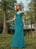 Sheath/Column Chiffon Ruched V-neck Sleeveless Floor-Length Bridesmaid Dresses Evening Dress