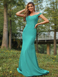 Sheath/Column Stretch Crepe Applique Off-the-Shoulder Sleeveless Sweep/Brush Train Bridesmaid Dresses Evening Dress
