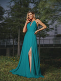 A-Line/Princess Chiffon Ruched Scoop Sleeveless Sweep/Brush Train Bridesmaid Dresses Evening Prom Dress