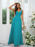 A-Line/Princess Chiffon Ruffles V-neck Sleeveless Floor-Length Bridesmaid Dresses Evening Dress
