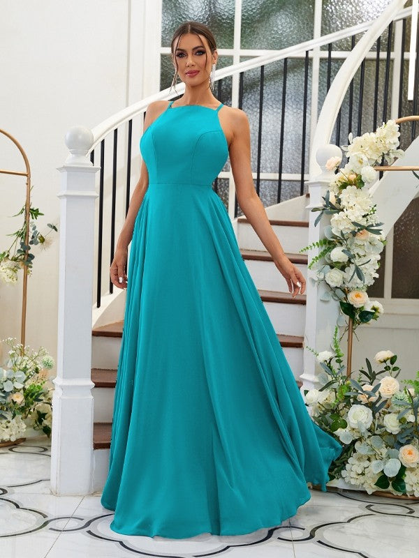 A-Linie/Princess-Linie Chiffon Rüschen Neckholder Ärmellos Bodenlang Brautjungfernkleider Abendkleid