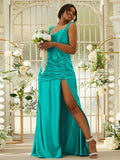 Sheath/Column Polyester Ruched Sweetheart Sleeveless Sweep/Brush Train Bridesmaid Dresses Evening Dress