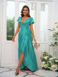 A-Line/Princess Silk like Satin Ruched V-neck Short Sleeves Floor-Length Bridesmaid Dresses Evening Dress