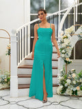 A-Line/Princess Silk like Satin Ruffles Spaghetti Straps Sleeveless Floor-Length Bridesmaid Dresses Evening Dress