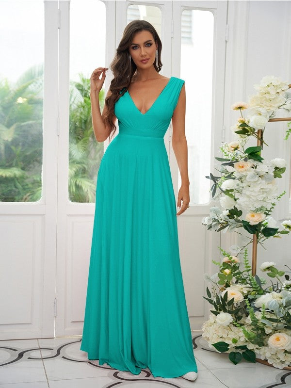 A-Line/Princess Jersey Ruffles V-neck Sleeveless Floor-Length Bridesmaid Dresses Evening Prom Dress