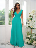 A-Line/Princess Jersey Ruffles V-neck Sleeveless Floor-Length Bridesmaid Dresses Evening Prom Dress