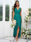A-Line/Princess Charmeuse Ruched V-neck Sleeveless Sweep/Brush Train Bridesmaid Dresses Evening Dress