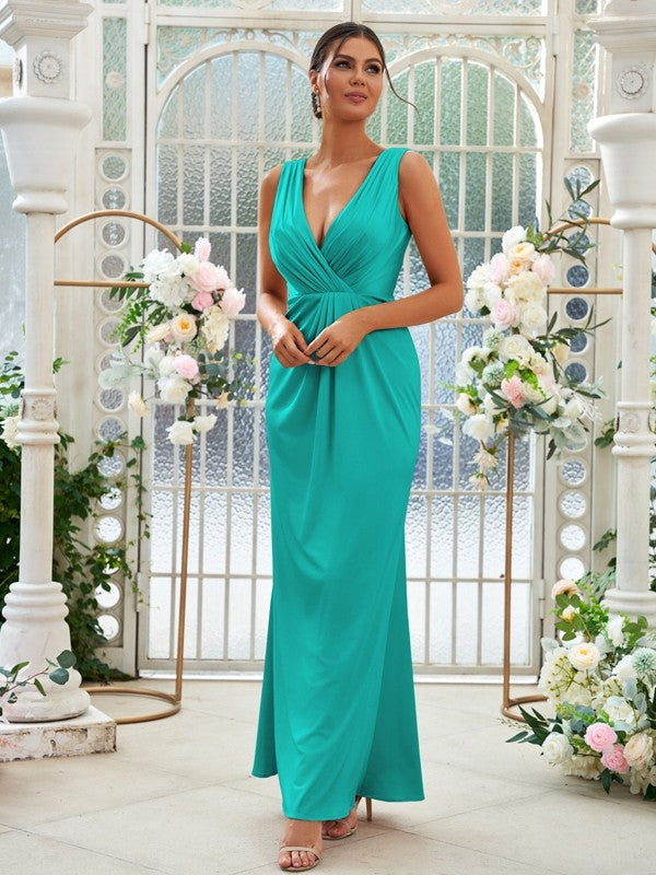 Sheath/Column Jersey Ruched V-neck Sleeveless Floor-Length Bridesmaid Dresses Evening Dress