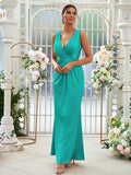 Sheath/Column Jersey Ruched V-neck Sleeveless Floor-Length Bridesmaid Dresses Evening Dress