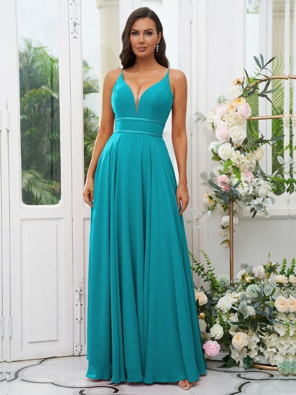 A-Line/Princess Chiffon Ruffles V-neck Sleeveless Floor-Length Bridesmaid Dresses Evening Prom Dress