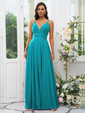A-Line/Princess Chiffon Ruffles V-neck Sleeveless Floor-Length Bridesmaid Dresses Evening Prom Dress