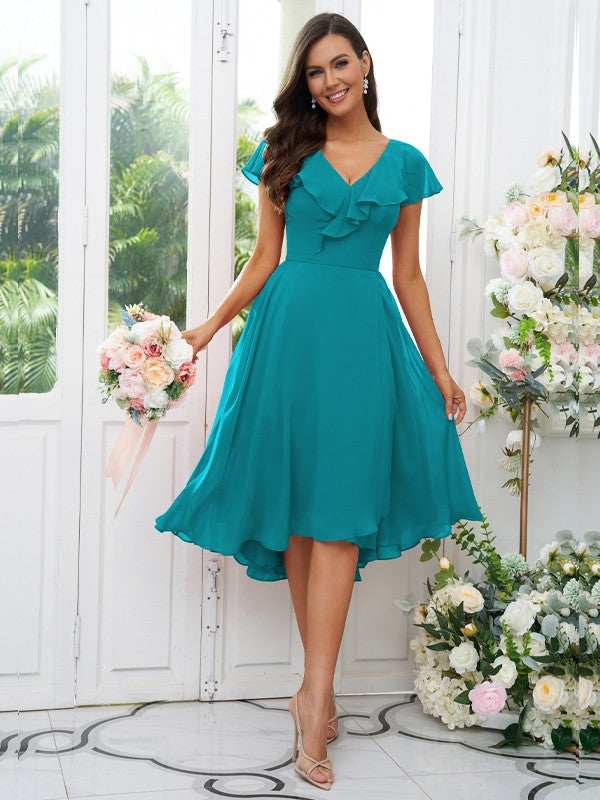 Vestido de dama de honor asimétrico de corte A/princesa, de gasa, con volantes, escote en V y mangas cortas, ideal para invitadas de boda y graduación.