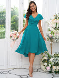 Vestido de dama de honor asimétrico de corte A/princesa, de gasa, con volantes, escote en V y mangas cortas, ideal para invitadas de boda y graduación.