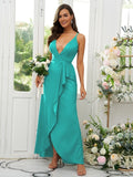 A-Line/Princess Silk like Satin Ruffles V-neck Sleeveless Floor-Length Bridesmaid Dresses Prom Dress
