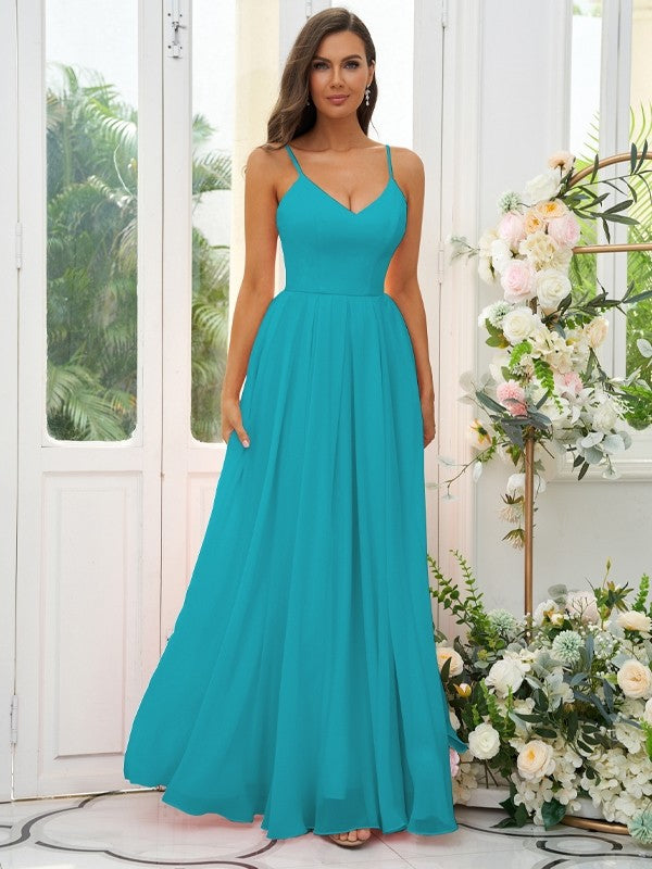 A-Line/Princess Chiffon Ruffles V-neck Sleeveless Floor-Length Bridesmaid Dresses Evening Dress