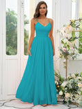 A-Line/Princess Chiffon Ruffles V-neck Sleeveless Floor-Length Bridesmaid Dresses Evening Dress