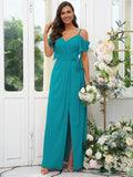 A-Line/Princess Chiffon Ruched V-neck Short Sleeves Floor-Length Bridesmaid Dresses Evening Dress