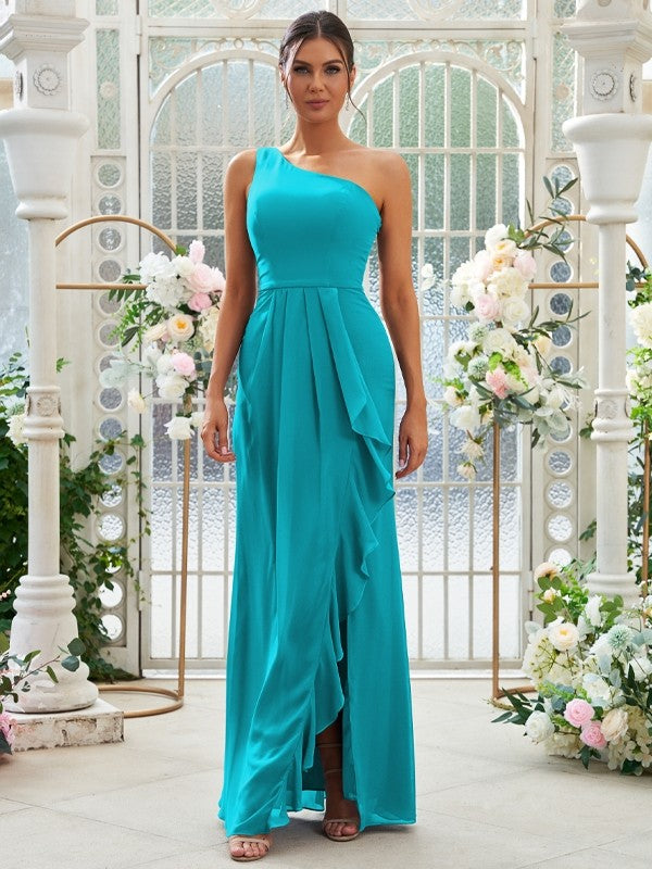 Sheath/Column Chiffon Ruffles One-Shoulder Sleeveless Floor-Length Bridesmaid Dresses Evening Prom Dress